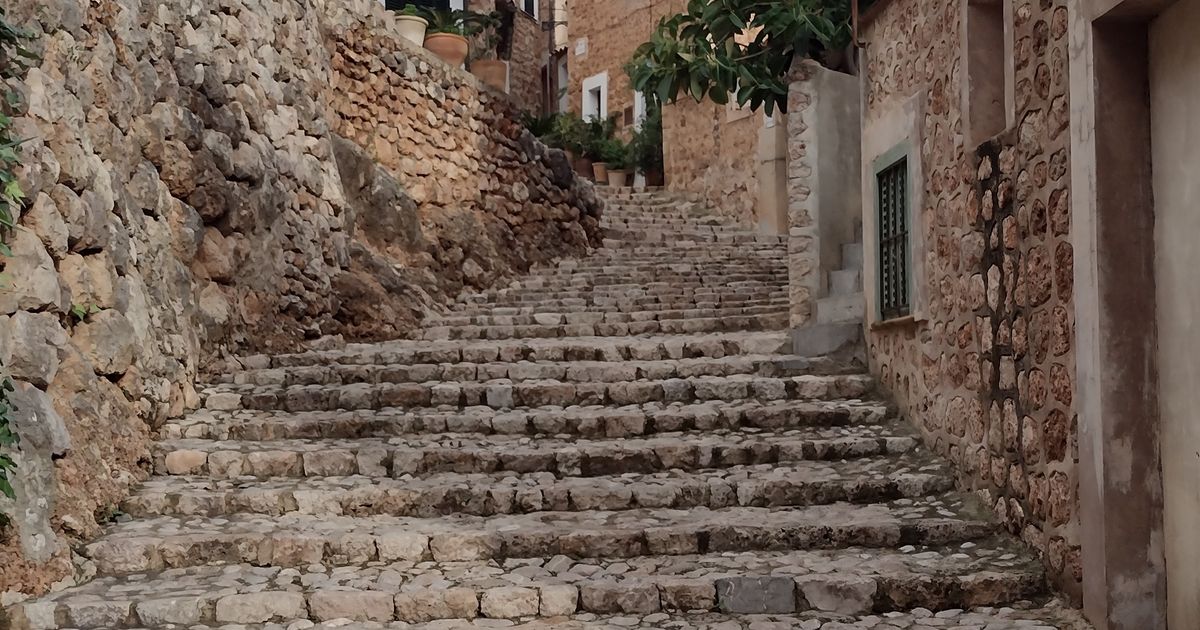 Cobblestone streets and steps in the mountain village of Fornalutx