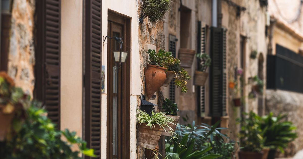 Narrow lane in Valldemossa with flower pots and stone walls